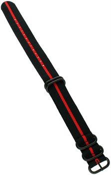 Stylowy pasek do zegarka NATO 041 w kolorach czarnym i czerwonym. Parciany materiał, długość 27 cm, szerokość 22 mm, stalowa sprzączka w czarnym kolorze. Idealny do codziennych 2.jpg